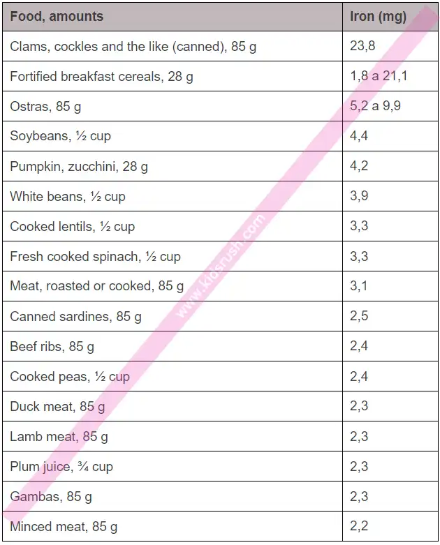 Table of iron content in food